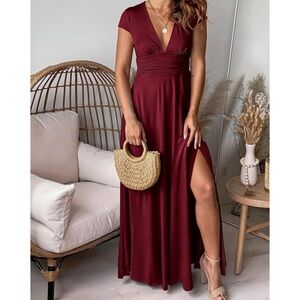 ANRABESS Wine Red Slit Elegant Maxi Dress - MEDIUM